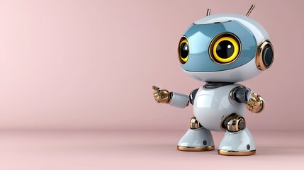 Fototapeta premium Robot character with large expressive eyes and a shiny metallic body striking a playful pose against a pink background
