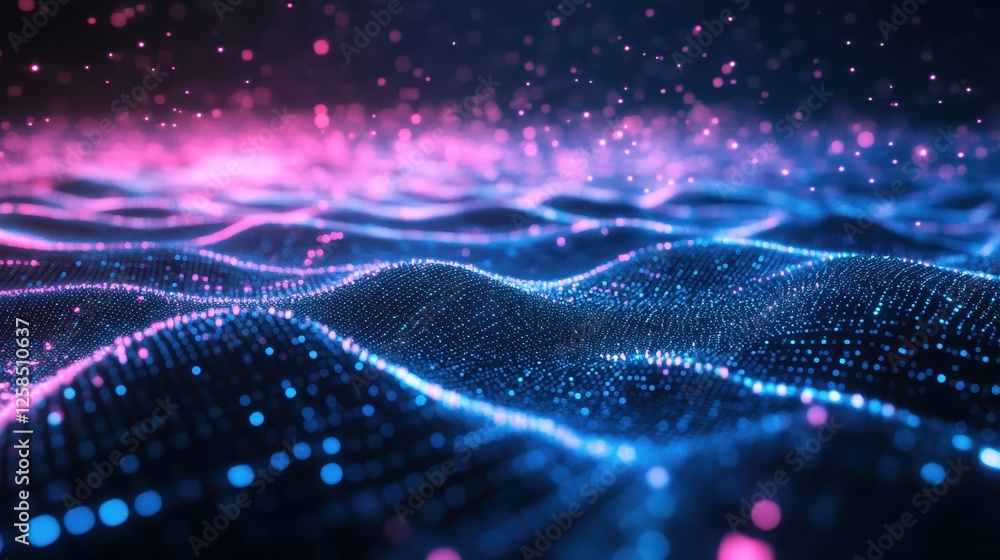 Poster luminous particle field surface with a pink and blue color gradient