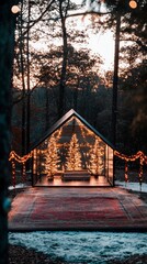 Glass House with Illuminated Christmas Trees in Snowy Forest at Dusk
