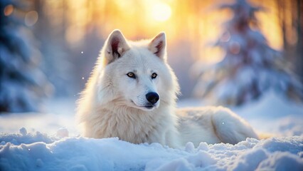 Fototapeta premium Arctic Wolf Resting in Snowy Landscape, Beautiful Bokeh Effect