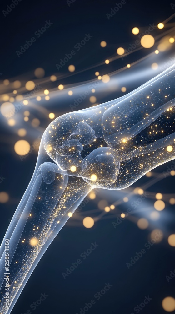 Poster visual representation of a human knee joint highlighted by sparkling particles to illustrate motion 