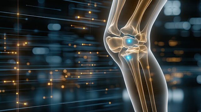 Scientific illustration of a human knee joint showcasing ligaments, bones, and cartilage in a digital environment with glowing background effects