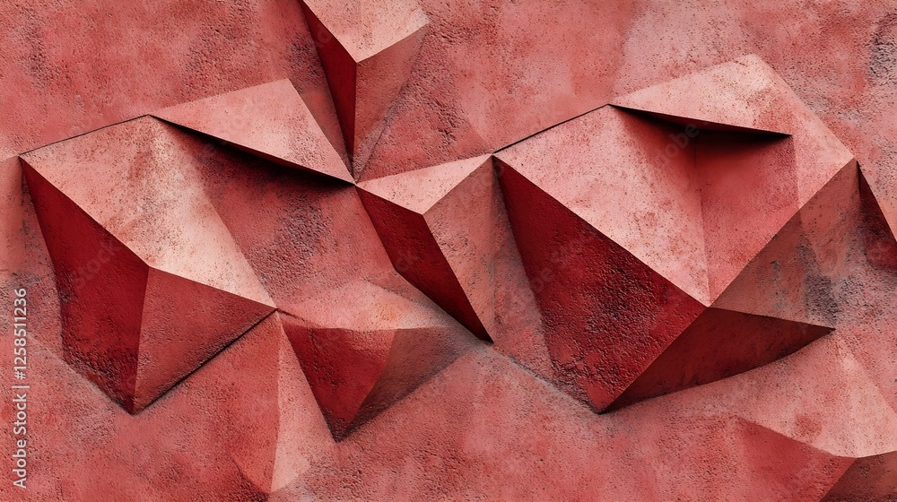 Poster textured red geometric wall panel featuring abstract triangular shapes in a modern architectural des