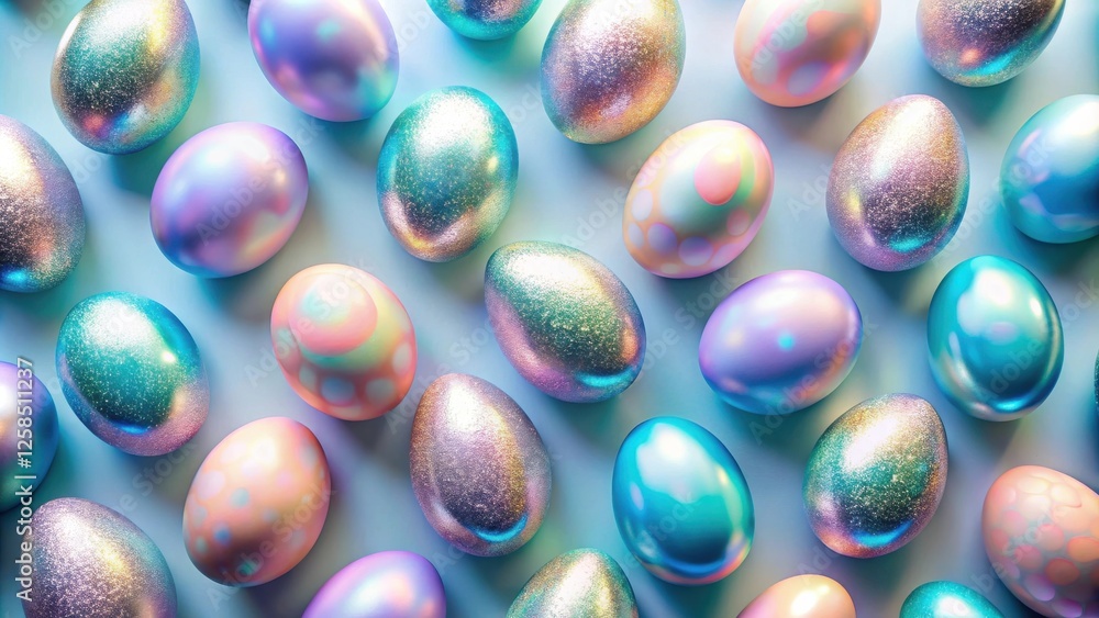 Poster pastel and shimmering easter eggs arranged in a festive pattern on a light blue background