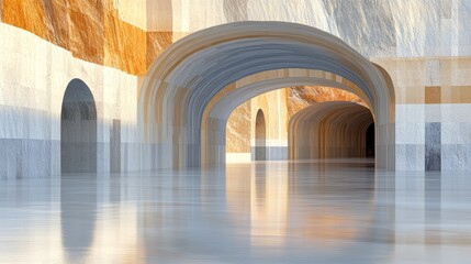Fototapeta premium Abstract architecture. Serene, light-filled interior space with arches and reflective floor.