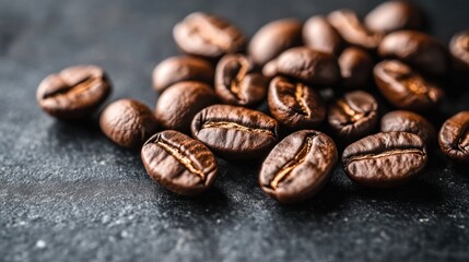 Fototapeta premium Rich, aromatic coffee beans arranged on a dark surface, showcasing their texture and color, perfect for highlighting freshness and quality in food photography.