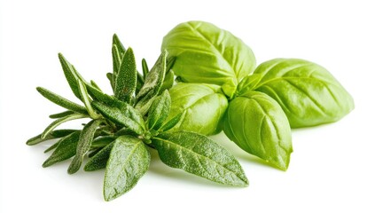 Fototapeta premium A photograph of rosemary, basil, and thyme leaves on a white background.