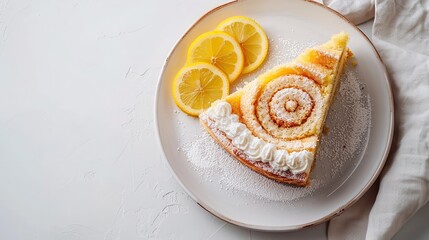 Over a circular dish with a plain white setting, a lovely lemon cream roll cake is topped with fresh lemon slices and zest and embedded with powdered sugar delish food and space, Generative AI.