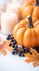 Glittery Orange Pumpkins with Candles and Autumn Leaves