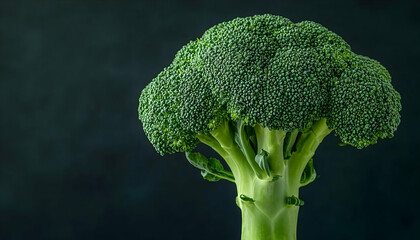 Close-up of broccoli on dark backdrop, highlighting natural green texture; promoting healthy food choices and recipe ideas