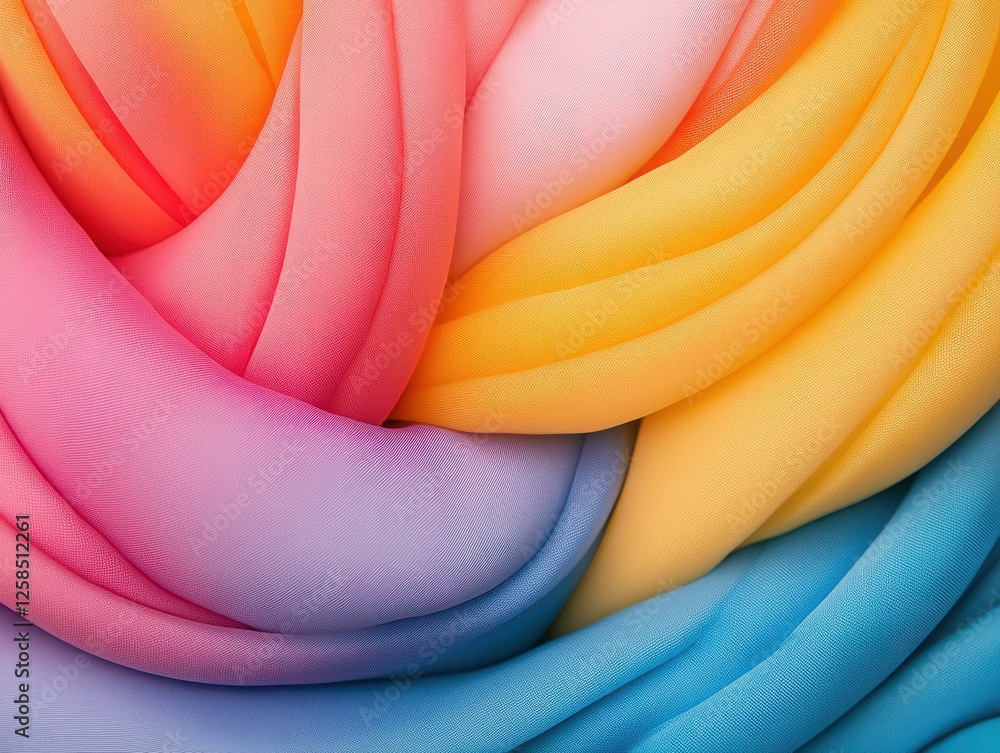 Poster rainbow gradient chiffon fabric in flowing swirls showing light and shadow play creates artistic tex