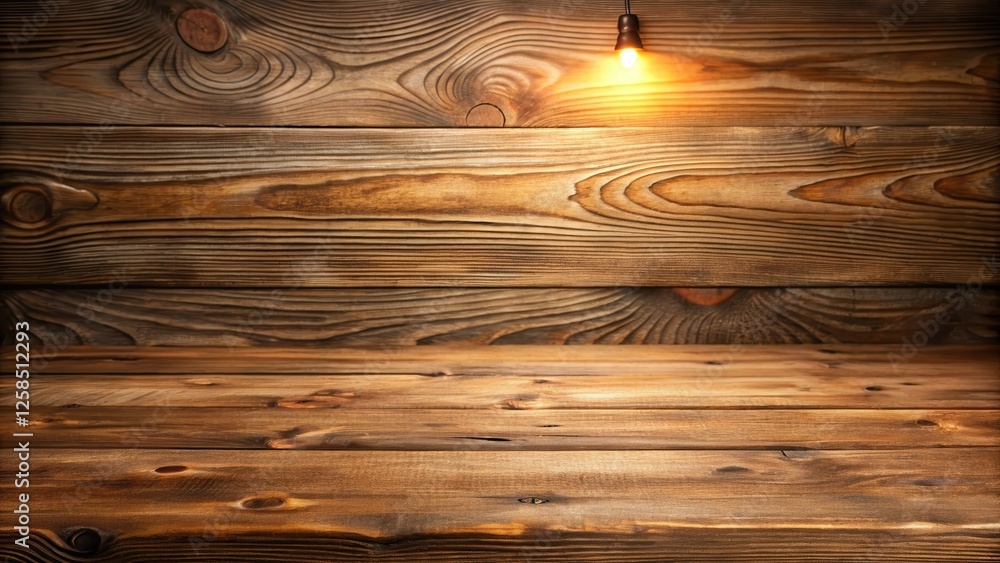 Poster rustic wooden background with a warm-toned hanging lightbulb above a horizontal wood surface perfect