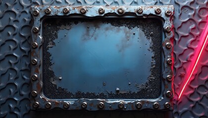 Grunge Metal Frame with Texture and Pink Neon Light Industrial Design