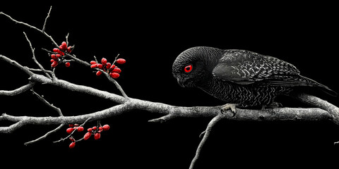 Black Owl Perched on Branch with Red Berries