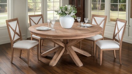 Fototapeta premium An elegant round dining table, beautifully set, graces a well-lit room featuring expansive windows that offer stunning views of lush greenery