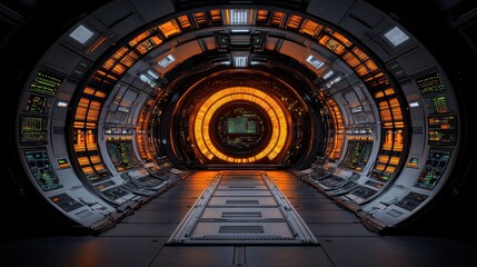 Obraz premium Futuristic spaceship tunnel glowing orange portal
