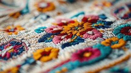 Colorful floral embroidery on textured fabric background National Embroidery Month