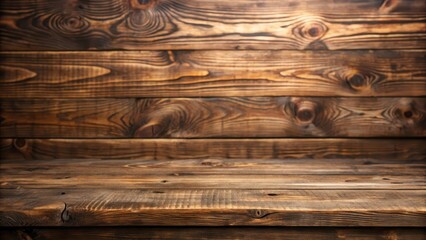 Naklejka premium Rustic Wooden Background Featuring a Tabletop and Wall of Brown Planks Ideal for Product Placement or Display