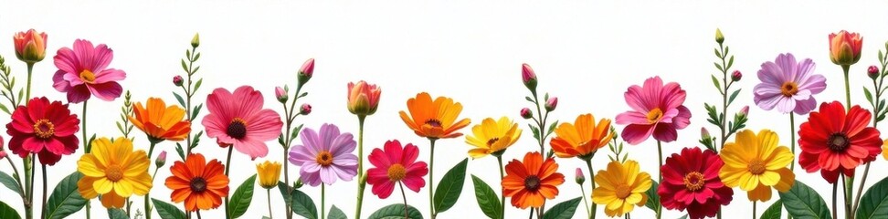 Vibrant mixed flowers arrangement on white background, blooms, garden, blossoms