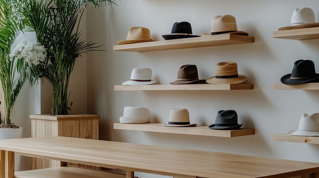 Stylish hat display in modern store showcasing diverse headwear options for customers to browse and choose from