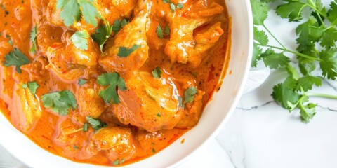 Delicious butter chicken with fresh cilantro garnish for culinary inspiration. National Curry Week
