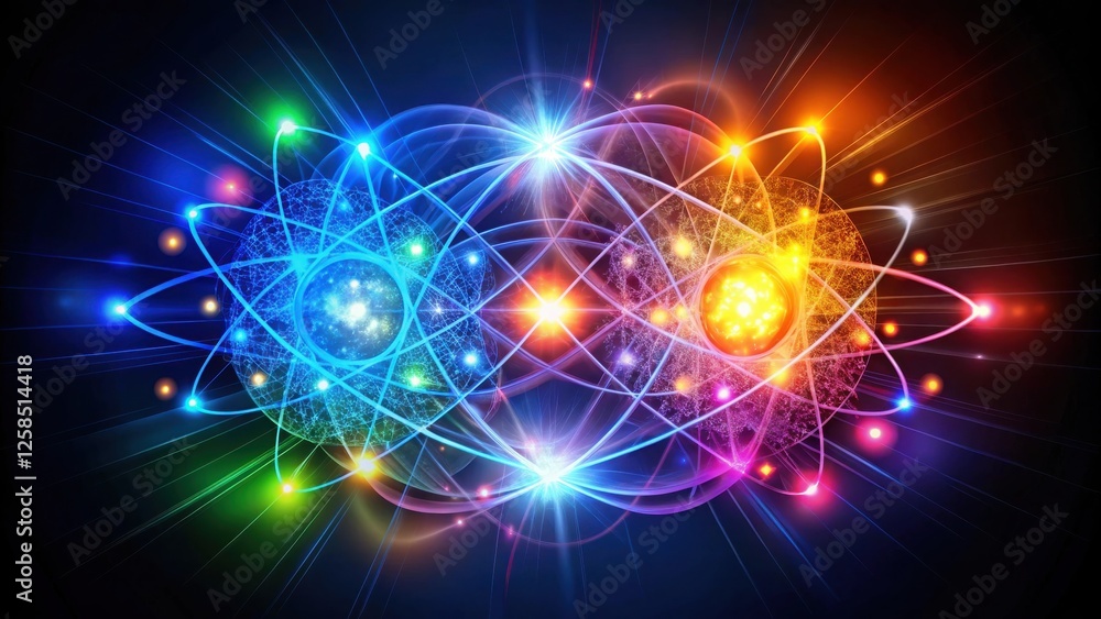 Poster vibrant atomic structure a colorful representation of subatomic particles and energy fields