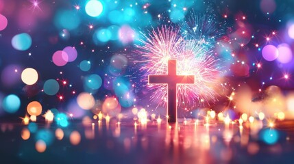 Obraz premium Glowing Christian Cross Silhouette with Festive Fireworks Illuminating Bokeh Lights Celebration