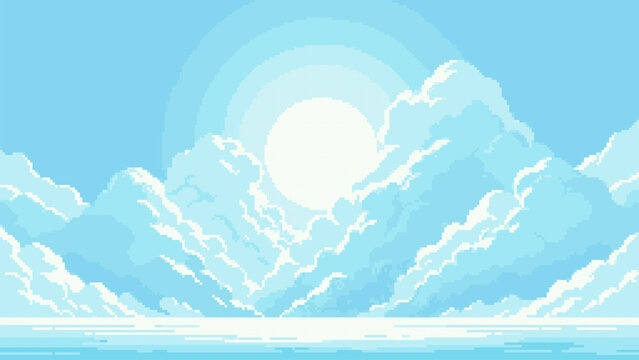 pixel art blue sky background with clouds, game level 8 bit landscape, arcade video game, vector illustration