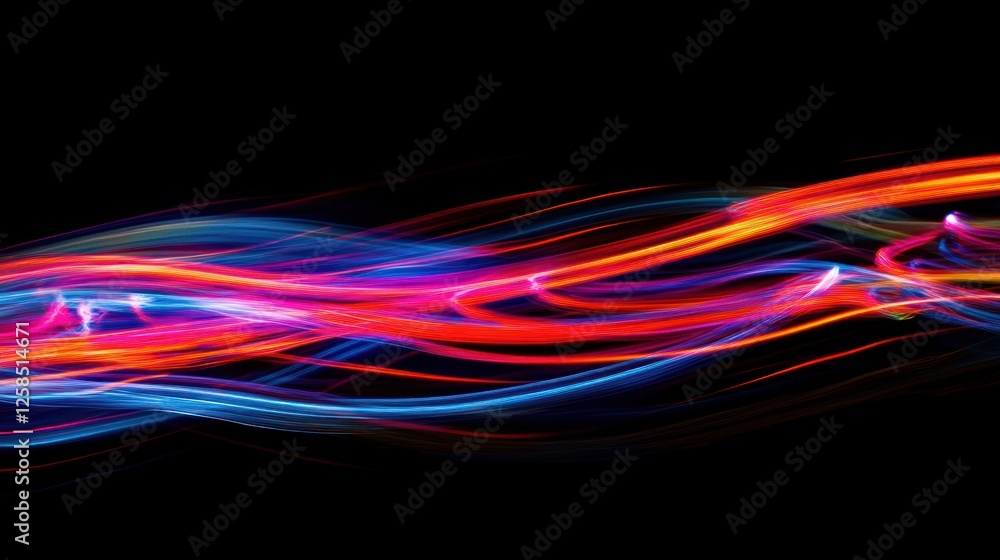 Poster vibrant abstract light trails in blue and red against a black background, creating a dynamic visual 