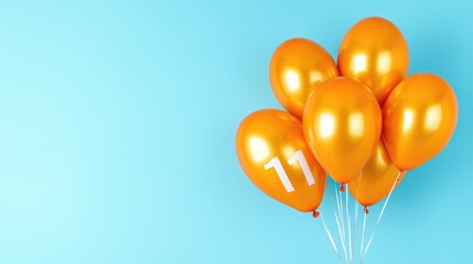 Orange balloons, number eleven, pastel blue background, celebration