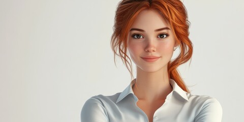 Realistic portrait of a woman with red hair in a light blue shirt against a neutral background