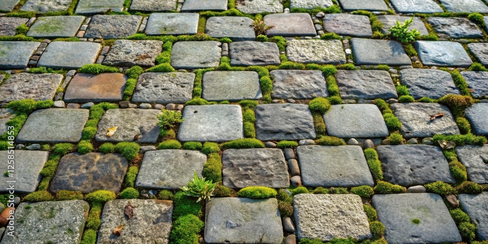 Poster stone pathway with mossy accents a detailed view of a rustic cobblestone walkway