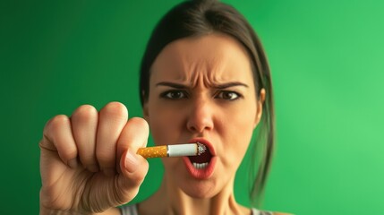 Obraz premium Empowered woman breaking cigarette studio photography green background close-up anti-smoking message