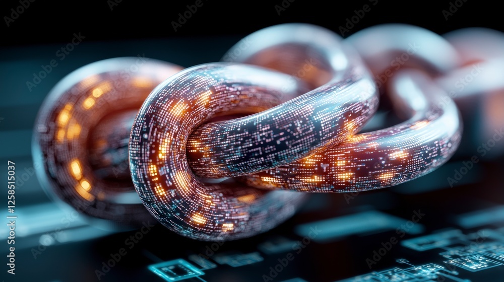 Poster glowing metallic chain links interconnected network digital data technology