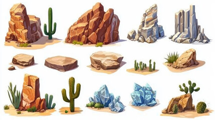Set of desert stones, mountain rock lumps and pieces. Natural geological materials, textures for pc game formation isolated ui or gui elements, Cartoon vector illustration, icons collection