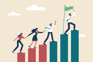 Teamwork to success together, employee career path or partnership support to help business growing, team collaboration or mentor and training concept, business people help team climbing growth chart.
