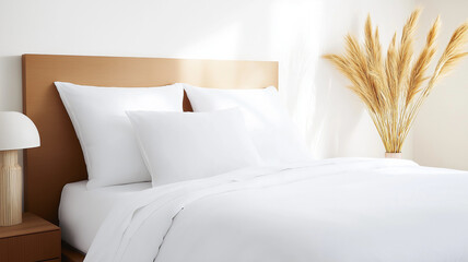 serene minimalist bedroom featuring wooden headboard, white bedding, and decorative dried plants. soft lighting creates calming atmosphere, perfect for relaxation