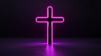 Fototapeta premium Radiant Purple Neon Cross Symbol Illuminating a Reflective Surface in the Darkness of the Interior Space