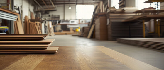 Laminate flooring boards in carpenter workshop copy  space for  text