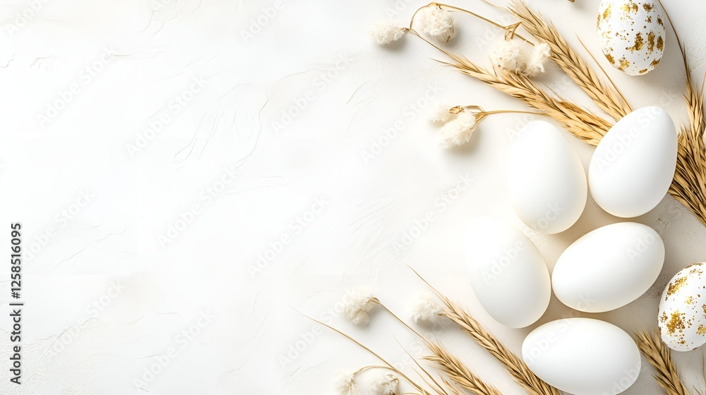 Poster white eggs with golden speckled details arranged on a textured background with dried wheat stalks an