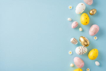 Easter eggs with colorful patterns scattered on a pastel background, representing joy and celebration