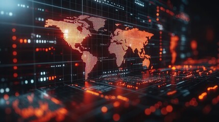 Global data analysis, holographic world map, digital interface