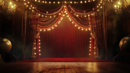 Grand Entrance of Classic Carnival Stage with Rich Red Drapes and Elegant Gold Accents Illuminated by Festive Lights