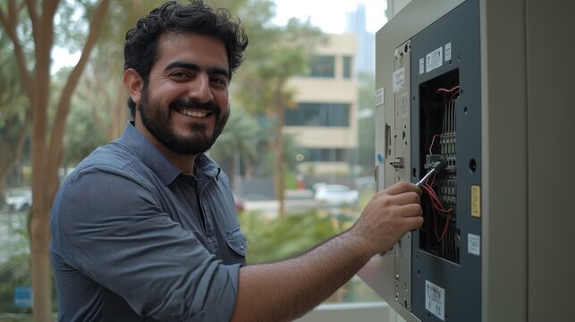 Smiling electrician fixing electrical panel outdoors