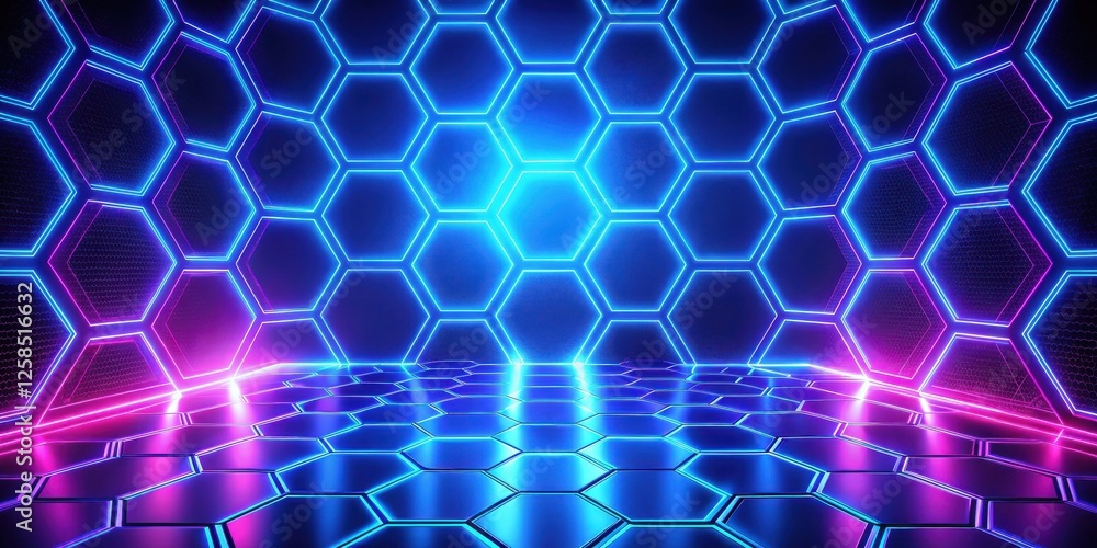 Aufkleber Abstract Hexagon Pattern with Neon Glowing Lines and Reflective Surface