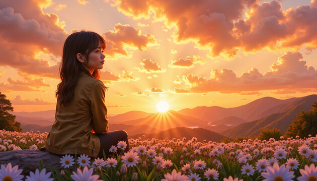 Serene girl watching sunrise over flower field, inner peace