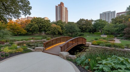 Stunning wooden bridge over a serene pond surrounded by colorful gardens in a city park during twilight