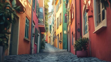 Fototapeta premium Vibrant Cobblestone Lane: A Sun-Drenched European Alleyway