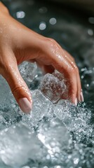 Female hand touching wet ice cubes in water