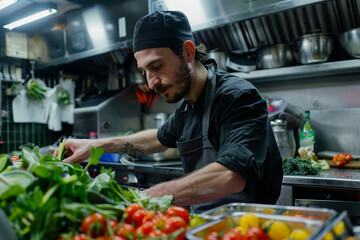 Chef preparing a gourmet meal in a restaurant kitchen generative AI